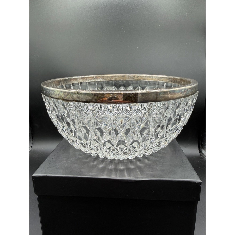 ✨🇩🇪 Vintage Pressed Glass Bowl w/ Silverplate Rim – Germany–MC Diamond Pattern - Picture 4 of 8